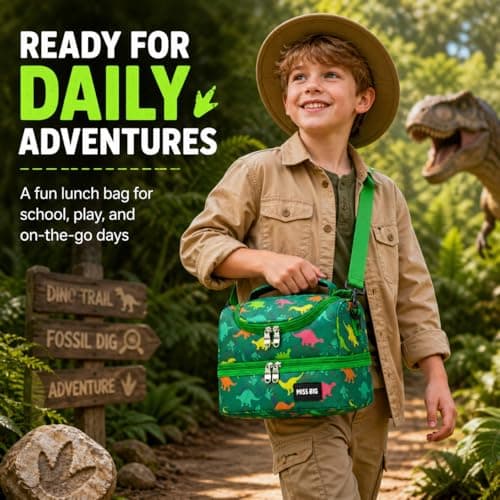 MISS BIG® Kids Lunch Bag for Boys, Dinosaur Insulated Lunch Bag with Two-Tier Storage, Adjustable Shoulder Strap, Lunch Box Bag for Kids, School, Daycare, Picnic, and Travel - Thumbnail 2