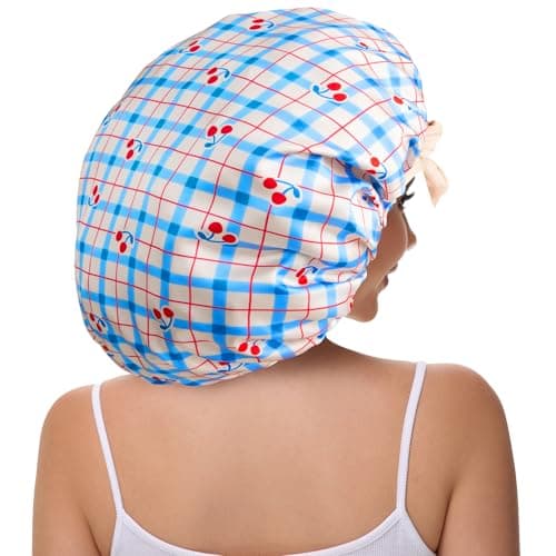 Vettres Hair Bonnet for Sleeping Satin Lined Sleep Cap Double Layer Silk Head Wrap for Curly Natural Hair Cherry Blue - Thumbnail 3