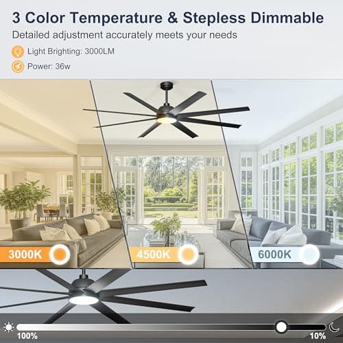 Phylluz 72'' Ceiling Fan with Light - Remote & APP Control, 3 CTT Dimmable, 6 Speed Reversible DC Motor Fan for Shop, Garage, Covered Outdoor, Black - Thumbnail 3