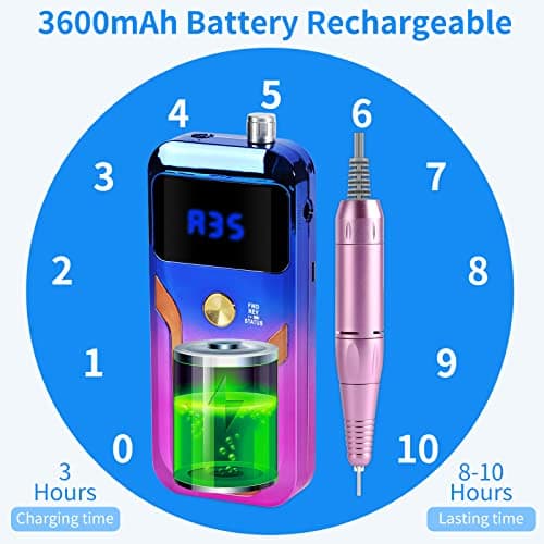 Portable Nail Drill Professional 35000 RPM, MOCOWIND Rechargeable Electric Nail File Machine for Acrylic Gel Polishing Removing, Cordless E-File with Bits Kit for Manicure Salon Home, Blue & Purple - Thumbnail 5