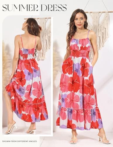 GRACE KARIN Women's Floral Print Smocked Dresses Spaghetti Strap Square Neck Ruffle Boho Tiered Lone Maxi Dress Red Floral M - Thumbnail 2