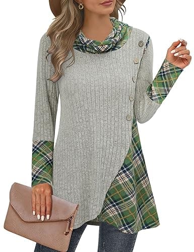 Miusey Sweatshirts for Women Loose Fit Women's Pullover Sweaters Lightweight Tunic to Wear with Leggings Light Camel Green Plaid XL - Image 1