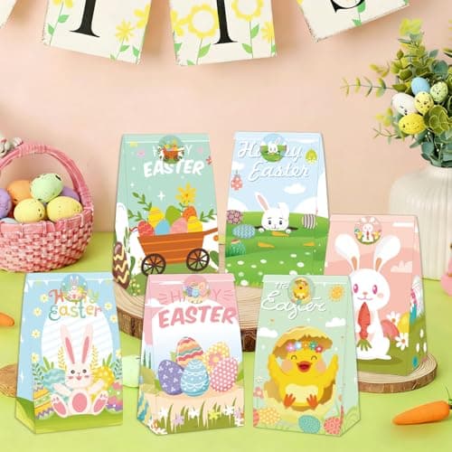 ZQDQIUQIU Easter Treat Bags,24 PCS Small Easter Gift Bags with 24 PCS Easter Stickers,Easter Goodie Bags Candy Wrapping Bag for Classroom Holiday Party Favors Supplies - Thumbnail 4