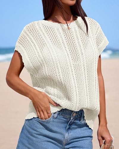 KIRUNDO Crochet Tops for Women Cap Short Sleeve Sweater Vest 2026 Summer Fall Cable Knit Pullover Beach Vacation Outfits(Beige, X-Large) - Thumbnail 3