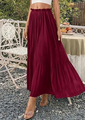 PRETTYGARDEN Pleated Midi Skirts for Women 2026 Flowy Summer Beach Vacation High Waisted Chiffon Boho A-Line Long Skirt(Wine Red,Small) - Thumbnail 3
