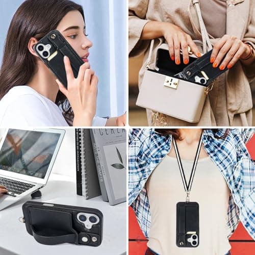 TOOVREN Phone Case for iPhone 16 Wallet Case with Card Holder Stand Strap Lanyard Case fits iPhone 16 Case with Wallet PU Leather Shockproof Detachable Phone Cover for Women & Men 6.1 Inch Black - Thumbnail 6