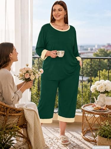 AusLook Women’s Plus Size Pajama Sets Dark Green 1X Soft 3/4 Sleeve Nightwear Top and Capri Pants Lounge Set with Pockets - Thumbnail 2