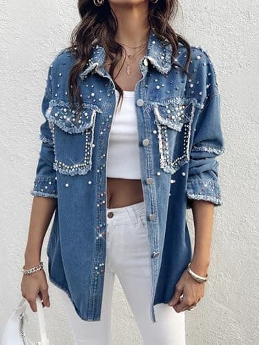Huang's Women's Embellished Denim Jacket with Shiny Studs Non-Stretch Heavyweight Cotton, Classic Fit, Distressed Detailing Coat (US, Alpha, Medium, Regular, Regular, T234) - Thumbnail 4