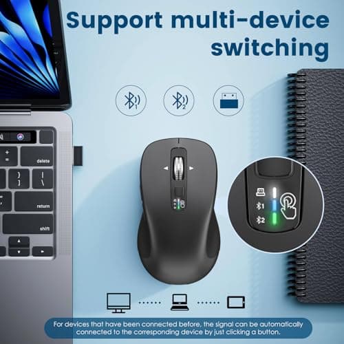 CITLLA Wireless Bluetooth Mouse (USB + BT1 + BT2), Full Size Mouse, 4-Way Scrolling, Multi-Device Silent for Computer, Laptop, iPad, MacBook (Grey) - Thumbnail 5