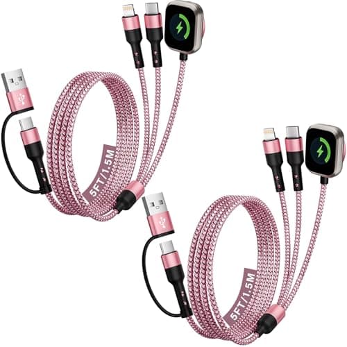 Cruise Travel Essentials, 2Pack 3 in 2 USB A/C Cable to iPhone 17 Charger/iWatch Charger/IP, Multi Charging Cable, Multi Charger Cable for iWatch Series & iPhone 17-11/iPad-5FT Black/Pink Braided - Image 1
