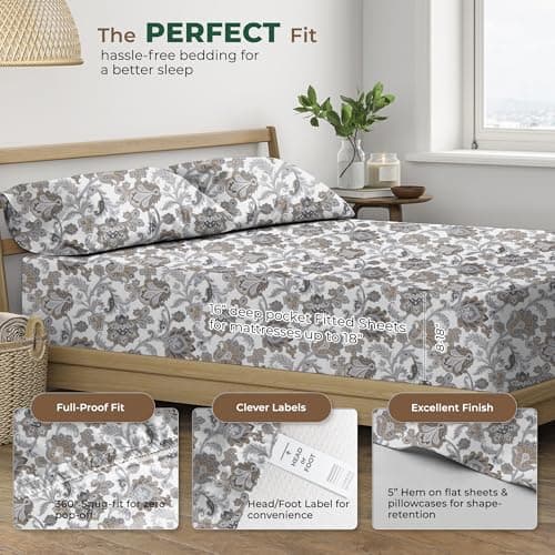 THREAD SPREAD 100% Organic Cotton Sheets King Size - Organic Cotton Percale Weave Sheet Set (4 PC, Floral Ivory), Soft, Cooling, Crisp & Breathable, 16" Deep Pocket Hotel Quality Bedding Set - Thumbnail 4