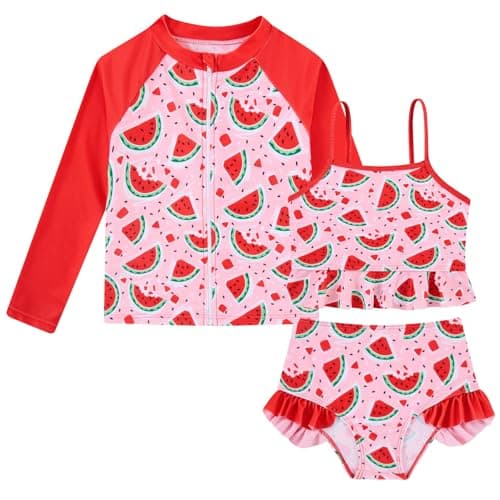 Funnycokid 4T 5T Swimsuit Kids Little Girls Watermelon Red Bathing Suit Ruffle Rashguard Sets Sun Protection Long Sleeve 3 Piece Tankini - Image 1
