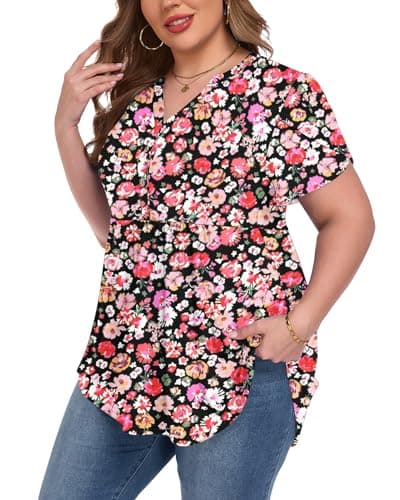 PLOKNRD Plus Size Tops Womens Tunic Tops Short Sleeve Pink T-Shirts V-neck Summer Dressy Blouse Casual Boho Cute Tops 3X - Thumbnail 3