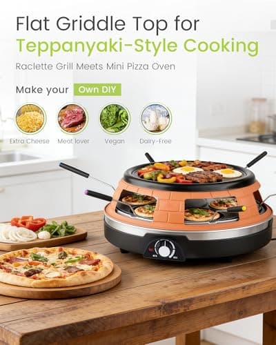 Saenchue Multifunction Raclette Grill & Mini Pizza Oven, 1200W Electric Pizza Oven with Flat Griddle Top, Indoor Grill with 6 Mini Pizza Baking Slots, Temperature Control, Personal Pizza Maker, PM-01 - Thumbnail 3