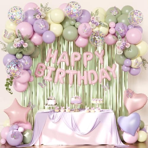 Wildflower Birthday Decorations, Sage Green Pastel Pink Purple Yellow Foil Confetti Balloons Happy birthday Banner Multicolor Butterfly Fringe Curtains Birthday Decorations for Baby Women Girls Teens - Image 1