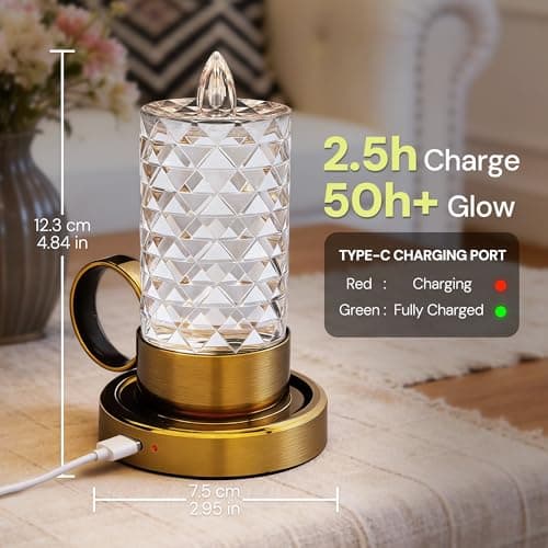 L LOHAS LED Flameless Candles, 3 Level Brightness Adjustable, Rechargeable Battery Candles, 3000K Soft White, Crystal Gold Metal Candles for Easter Valentines Aniversary Wedding, 3.93"x2.95"4.84" - Thumbnail 4