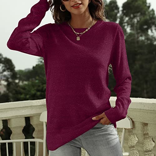 DUTUT Women's Long Sleeve Glitter Tops Crewneck Pullover Sweater Basic Casual Solid Color Tunic Tops Fall Soft Sweater Fuchsia - Thumbnail 3