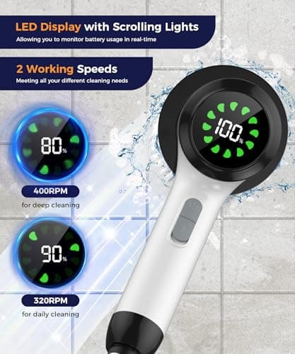 Lichffy Electric Spin Scrubber, Cordless Cleaning Brush with 7 Replaceable Brush Heads, 2-Speed Adjustable Handle Shower Scrubber, IPX7 Waterproof for Bathroom, Tub, Tile & Floor, Teens, White-qb1... - Thumbnail 2