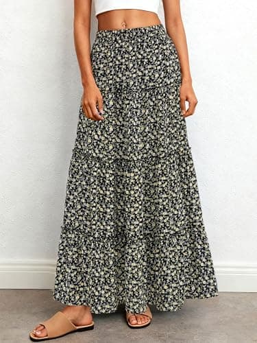 BTFBM Floral Maxi Skirts for Women Summer Spring 2026 Elastic Waist Tiered Flowy Beach Vacation Boho Midi Long Skirt(Floral Black Yellow, Small) - Thumbnail 2
