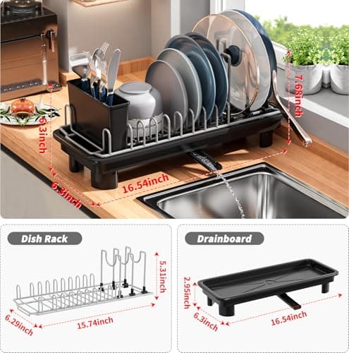 SanDream Small Dish Drying Rack with Removable Utensil Holder & Anti-Scratch Base - Stainless Steel Dish Rack, Dish Drying Rack with Drainage & Space Saving Design for Kitchen Counter, Black - Thumbnail 3