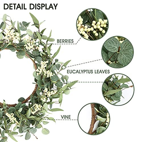 Pinkpum 20'' Eucalyptus Wreath for Front Door, Porch, Window - Green Decor for Home, Farmhouse - Spring, Summer, Fall, All Seasons - Thumbnail 2