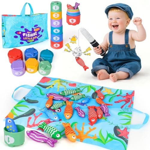 MPQMPQ Montessori Baby Toys, Fishing Game with Stacking Cups & Mat, Educational Baby Toys for Learing Number Counting & Color Sorting, Birthday Gift for Toddler Boy Girl 18 Months+ - Image 1