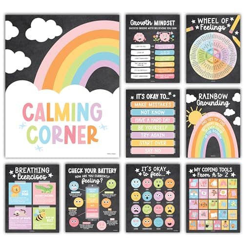 Hadley Designs Calming Corner Posters for Classroom Decor -9 Calm Down Corner Supplies Classroom Must Haves, 11x14 Feelings & Emotions Chart for Kids, Chalk Mental Health Posters for School Counselors - Image 1