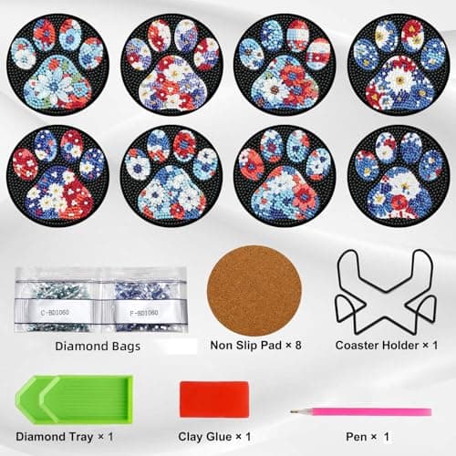 Ekuxom 8 PCS Diamond Art Coasters Kits- Paw Diamond Painting Coasters Kits with Holder Cork Pads-DIY Crystal Full Drill Rhinestone Drink Coaster for Crafts Gifts - Thumbnail 3