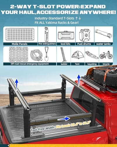 Ladder Rack for Truck with Tonneau Cover w/T-Slot Rails, 800 LBS Capacity Truck Bed Rack with Side Bars, 19"-25" Height-Adjustable Aluminum Ladder Racks, Fit for Mid Size Pickup Tacoma Gladiator - Thumbnail 5