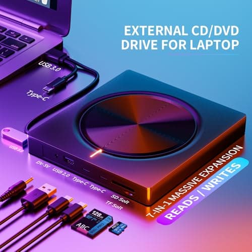 Umaniy External CD/DVD Drive,8 in 1 DVD Player for Laptop,USB 3.0 Portable DVD Reader Writer ROM Drive,CD Burner External Disk Drive Compatible with Laptop Desktop Mac,Windows 11/10/8/7 - Thumbnail 2