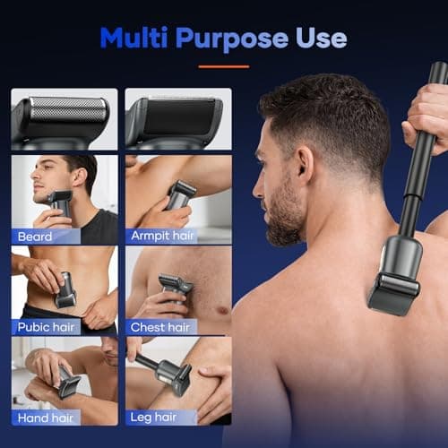 Men's Back Hair Trimmer for Men - 2-in-1 Foil & T-Blade, Dual Power Body Hair Trimmer LED Display IPX6 Waterproof Type-C Extendable Groomer for Back Chest Shoulders Body Hair Electric Back Shaver - Thumbnail 5
