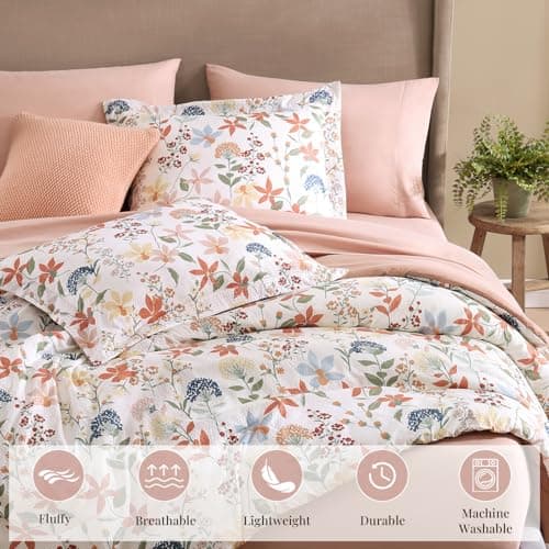 CASAAGUSTO King Comforter Set, 7 Pieces Bed in a Bag King Clay Pink Floral Comforter Set with Flowers Leaves Pattern, Soft Seersucker Design All Season King Size Bedding Set - Thumbnail 6