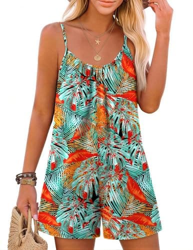 Ekouaer Summer Rompers for Women Boho Beach Vacation Outfits Sleeveless Loose Shorts Overalls 2026 Jumpsuit With Pockets Plant Leaves XL - Image 1