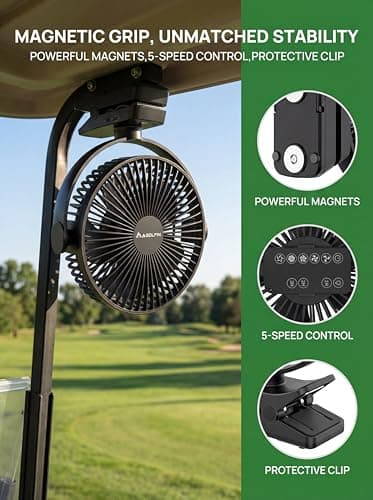 8-inch Magnetic Clip on Fan for Golf Cart, 12000mAH Battery Operated Portable Fan with 5 Speeds, LED Lantern, Magnetic Base, Compatible with EZGO Club Car Yamaha, Ideal Golf Cart Accessories - Thumbnail 2