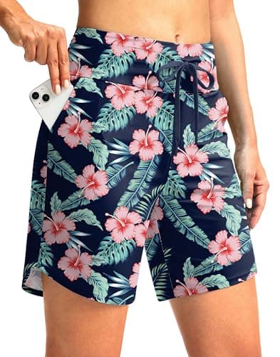 G Gradual Women's 7" High Waisted Swim Board Shorts with Pockets Quick Dry Beach Swimming Shorts for Women with Liner(Navy Flower,S) - Image 1