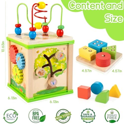 WOODMAM Wooden 7-in-1 Activity Cube| Montessori Toys for 1 Year Old Toddlers| Baby Educational Developmental Toys |One Year Old Boys Girls First Birthday Gifts |Bonus Sorting & Stacking Board - Thumbnail 4