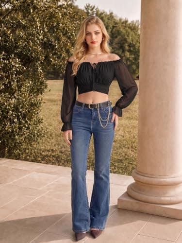 Women Off the Shoulder Crop Tops Long Sleeve Shirt Blouse Black S - Thumbnail 3