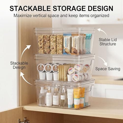 MOONEDGE Small Clear Plastic Storage Bins with Lids and Handles – Stackable Clear Organizer Bins for Refrigerator, Kitchen, Pantry, Bathroom, Closet, Laundry Room, Office – 4 Pack (10×6×5 in) - Thumbnail 2