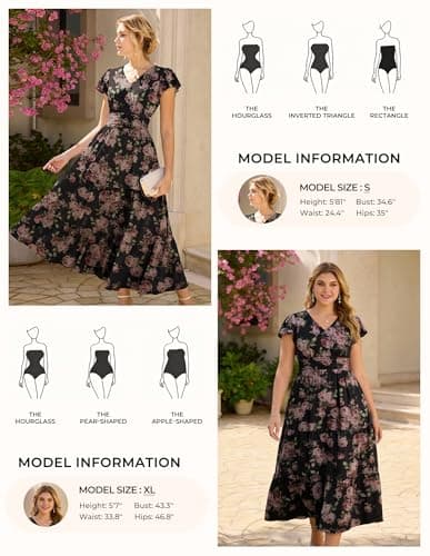 GRACE KARIN Women Summer Dress,Maxi Floral Dresses,V Neck Wedding Guest Flowy Dress 2026 Black-Based Clustered Roses S - Thumbnail 5