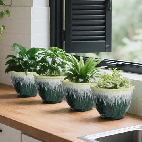 Flower Pots, 8 Inch Plastic Plant Pots for Plants, Set of 4 Planter for Indoor Outdoor Plants with Drainage Hole, Sleek Small Nursery Planting Pot for Home Garden Outdoor Planters(Green Glaze) - Thumbnail 6