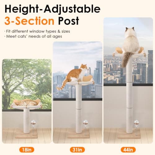 Cat Window Perch with Scratching Post, Keaber 44" Tall Adjustable Sisal Cat Tree for Large Cats Up to 33lbs, Suction Cup Wooden Hammock for Climbing, Bird Watching, Sleeping (Beige, Washable Cushion) - Thumbnail 3
