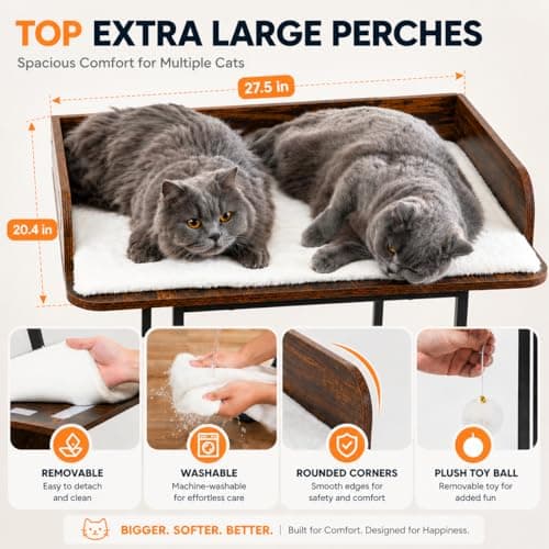 Feliskyn Wood Modern Cat Tree Tower for Indoor Large Cats, 48-Inch Tall Wooden Cat Trees with Big Perch Bed, Multi-Level Condo with Scratching Board Posts, Removable Pads, Cat Furniture, Rustic Brown - Thumbnail 3