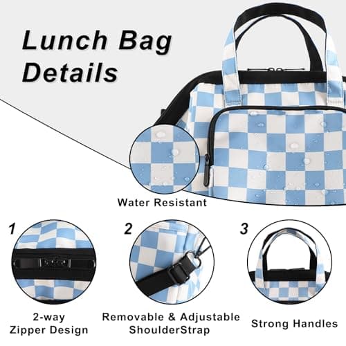 U+U Reusable Lunch Bag for Women Men Leakproof Lunch Tote Bag with Adjustable Strap, Holds Lunch Box, Snacks, Fruits for Work, Picnic or Travel - Insulated, Large Capacity, Waterproof (Blue Checkered) - Thumbnail 5