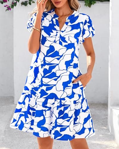 dowerme Womens Summer Dresses 2026 Puffy Sleeve V Neck Loose Floral Print A Line Boho Mini Babydoll Dress with Pockets(Blue,Large) - Thumbnail 4