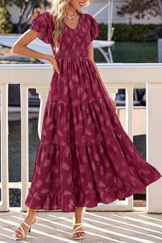 dowerme Maxi Dresses for Women 2026 Summer Ruffle Sleeve V Neck Smocked A Line Floral Boho Tiered Sundress Spring Outfit(Burgundy,XX-Large) - Thumbnail 4