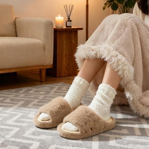 PXPUIQ House Slippers for Women - Fuzzy Slippers with Memory Foam Insole, Arch Support, Faux Fur Lining, Open Toe Design, Lightweight, Non-Slip Sole, Machine Washable, Slip-On Style - Thumbnail 3