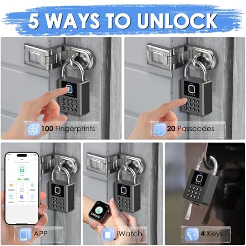 Keylesslife Smart Fingerprint Padlock with Code,Heavy Duty Combination Lock with Key,Bluetooth APP Control Gym Locker Lock Weatherproof Padlock for Shed Gate Fence Truck School Locker - Thumbnail 3