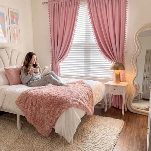NICETOWN Blush Pink Velvet Curtains 96" Long with Cute Pom-Pom Trim for Living Room – Elegant Privacy Protection Drapes Light Filtering Window Treatments for Girls, 52" W x 96" L, 2 Panels - Thumbnail 2