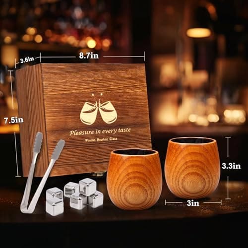 Charred Wooden Bourbon Glasses Set, 2 Pack Handcrafted Whiskey Tumblers with 6 Stainless Steel Whiskey Stones & Ice Tongs in Wooden Gift Box, Unique Bourbon Gifts for Men, Dad, Boyfriend - Thumbnail 6