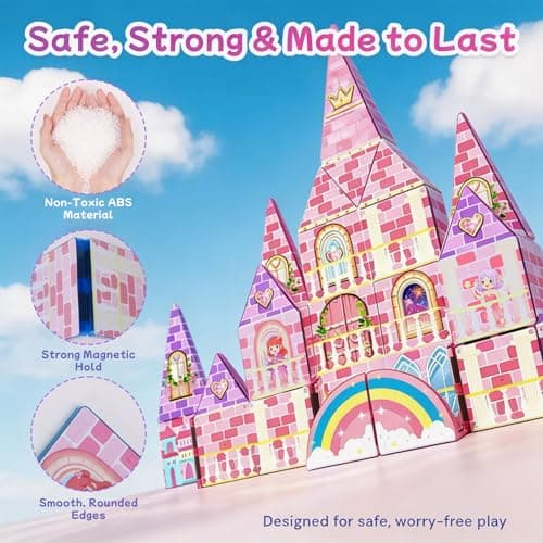 LATI Magnetic Tiles Princess Castle Building Toy for Kids, Double-Sided Magnetic Blocks for Day & Night Play, Open-Ended STEM Educational Toy, Compatible with Other Brands, Gift for Girls Ages 3–8 - Thumbnail 6